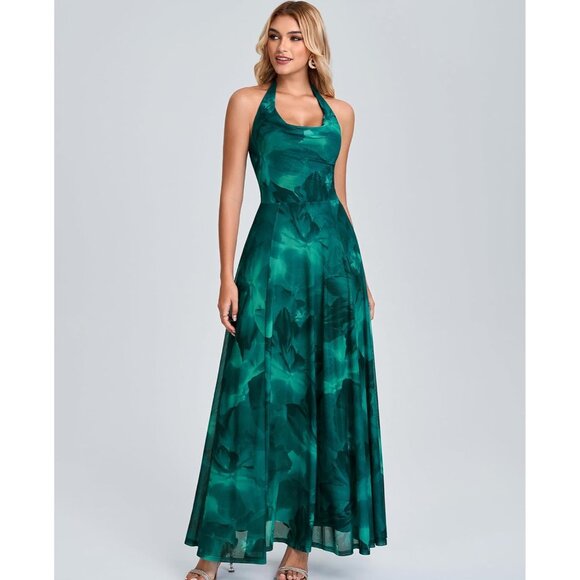 Women's Green Floral Summer Cowl Neck Flowy A Line Elegant Beach Long Maxi - Picture 2 of 5